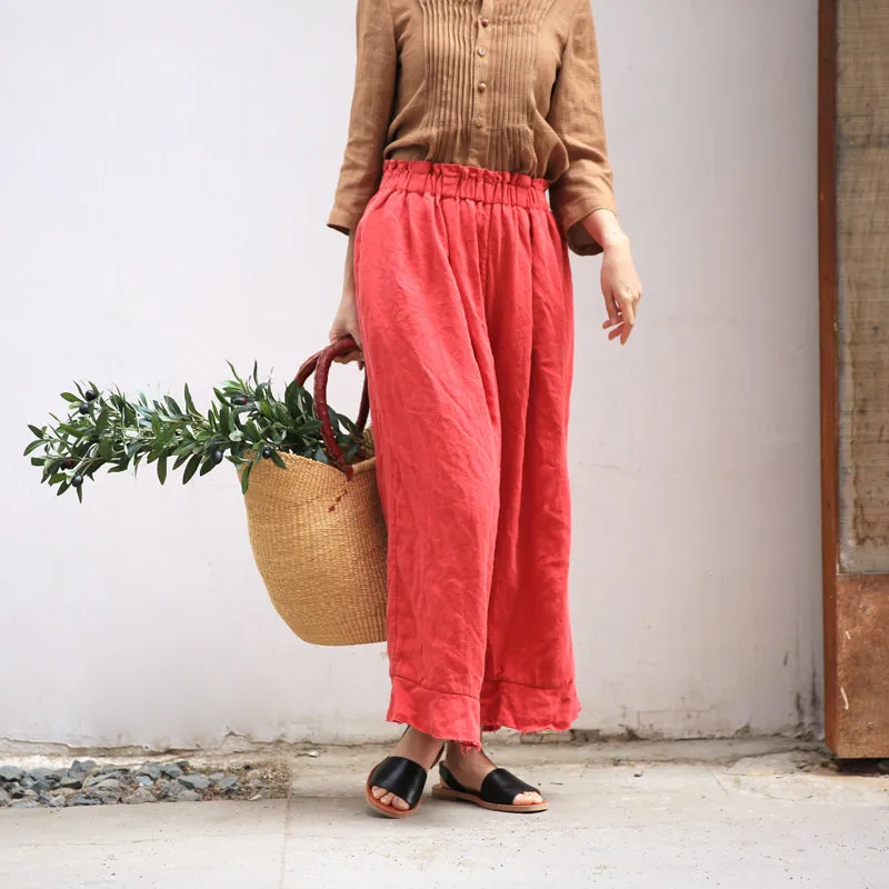 Red Wrinkle Women Casual Linen Pants Z98404