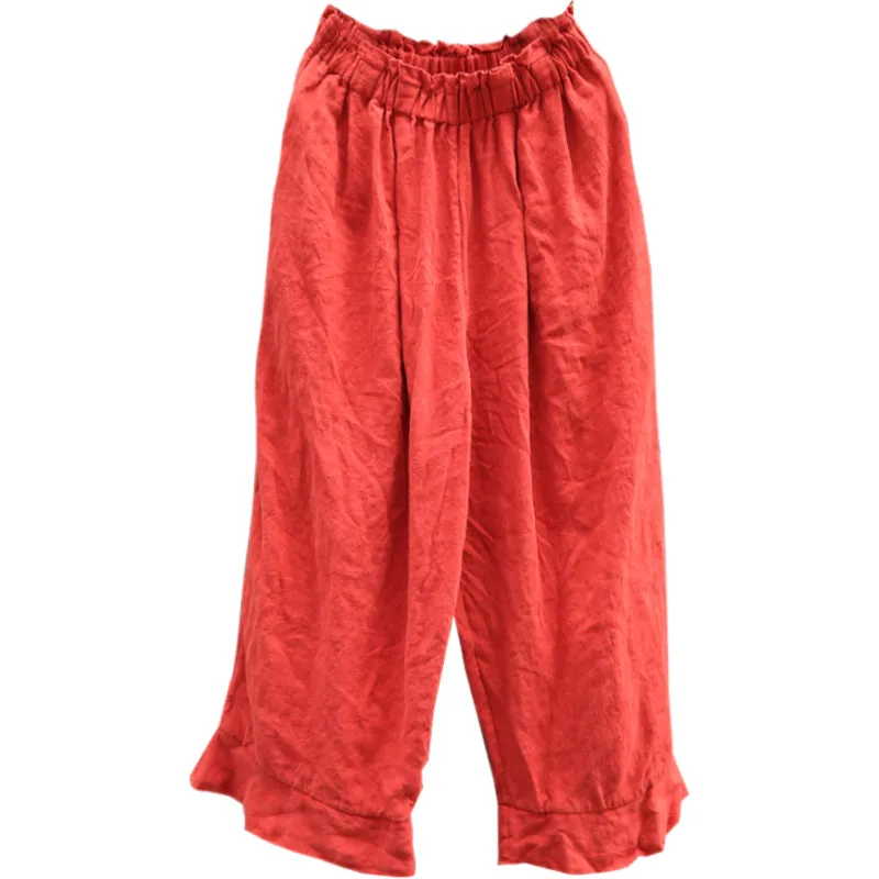 Red Wrinkle Women Casual Linen Pants Z98404