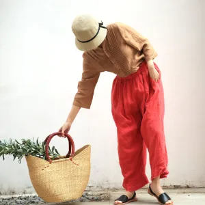 Red Wrinkle Women Casual Linen Pants Z98404