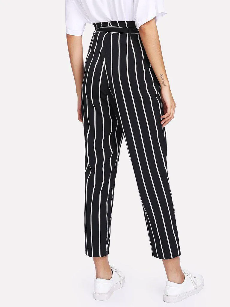 Self Belt Striped Pants