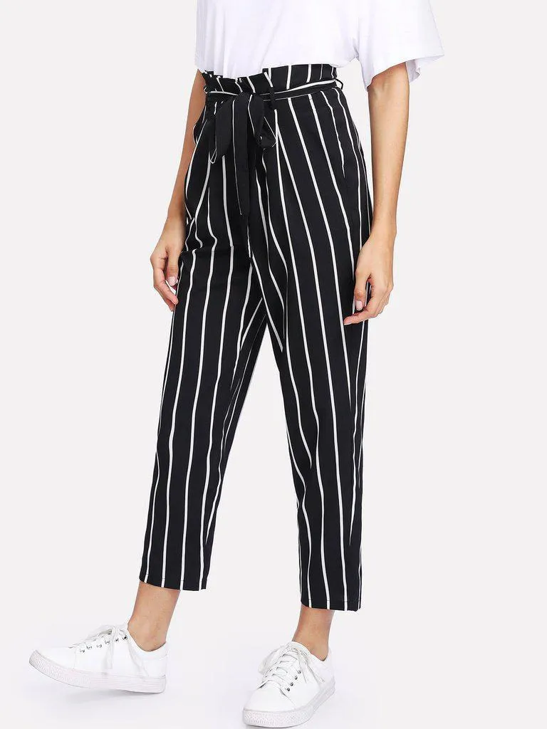 Self Belt Striped Pants