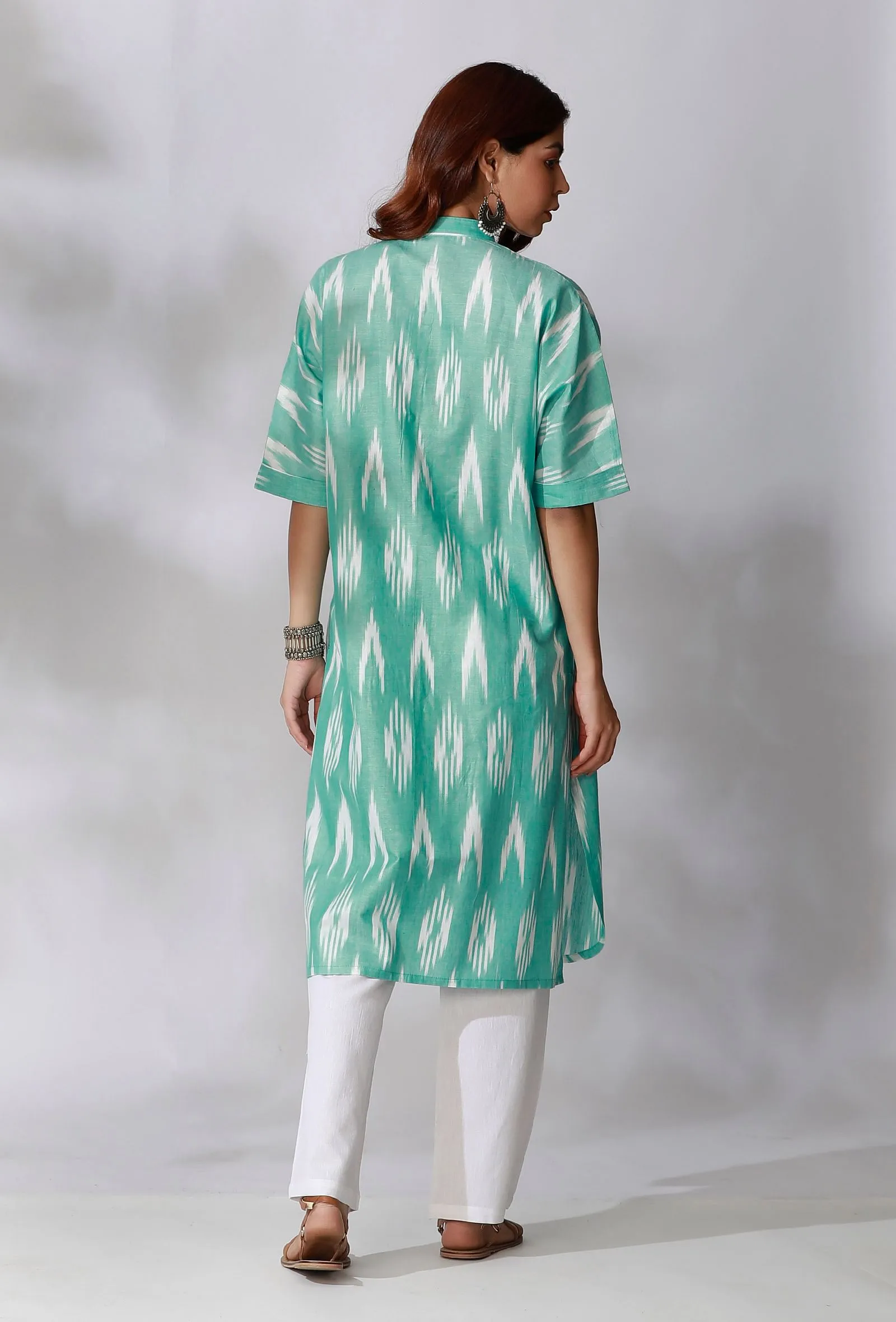 Set Of 2- Aquamarine Green Ikkat Kurta with White Cotton Pants With Pockets