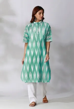 Set Of 2- Aquamarine Green Ikkat Kurta with White Cotton Pants With Pockets