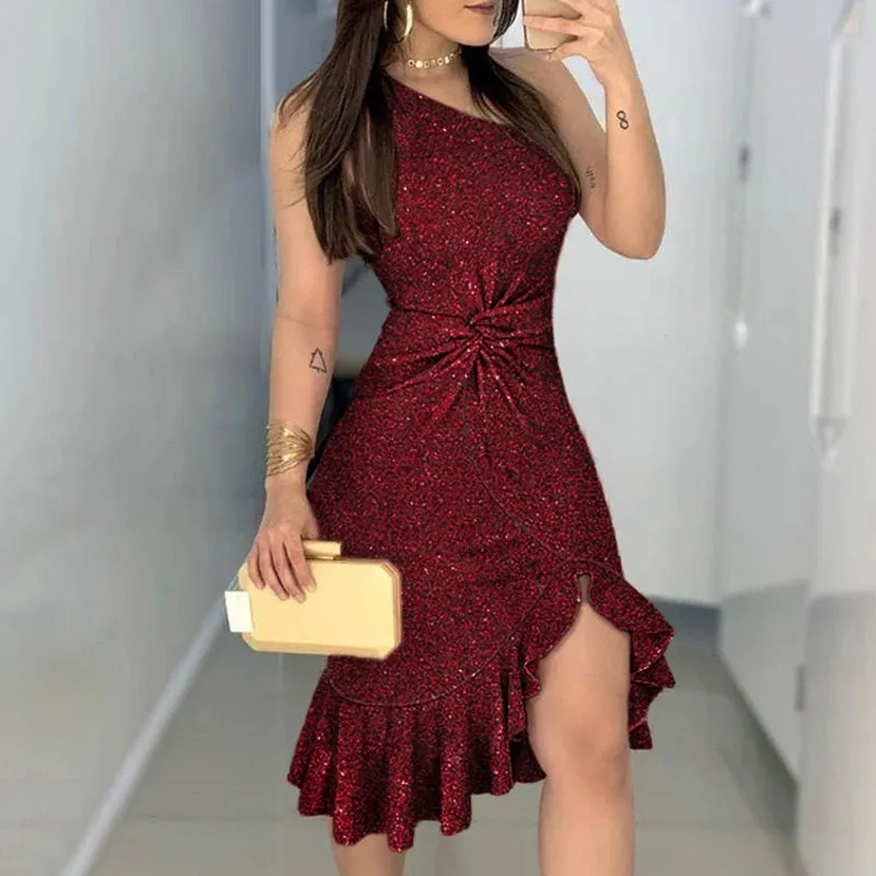 Sexy One Shoulder Party Knot Sequin Solid Ruffled High Waist Bodycon Dress