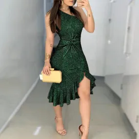 Sexy One Shoulder Party Knot Sequin Solid Ruffled High Waist Bodycon Dress