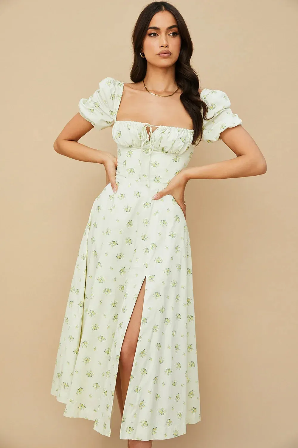 Sexy Print Split Summer Maxi Floral Sleeve Vintage Women Puff Dress Dress