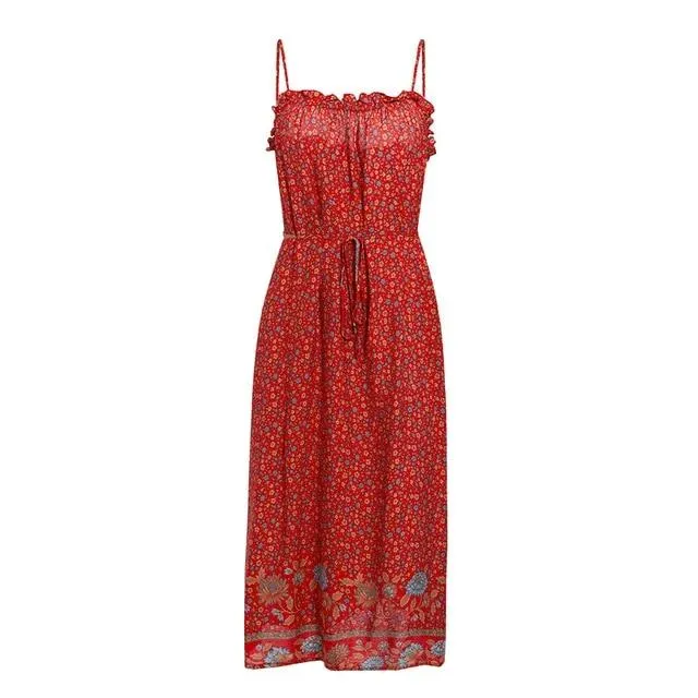 Sexy Sleeveless Floral Print Ruffled High Waist Beach Slim Fit Maxi Dress