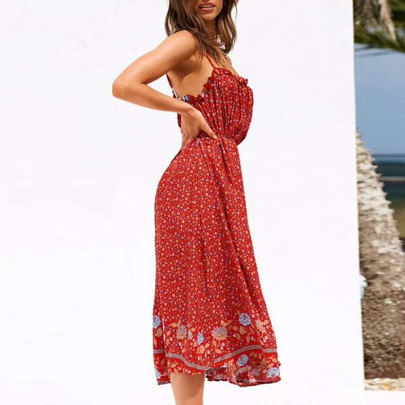 Sexy Sleeveless Floral Print Ruffled High Waist Beach Slim Fit Maxi Dress