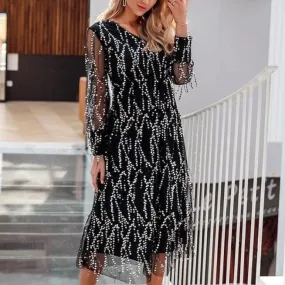 Sexy V-Neck Evening Mesh Long Sleeve Sequin Maxi Party Dress