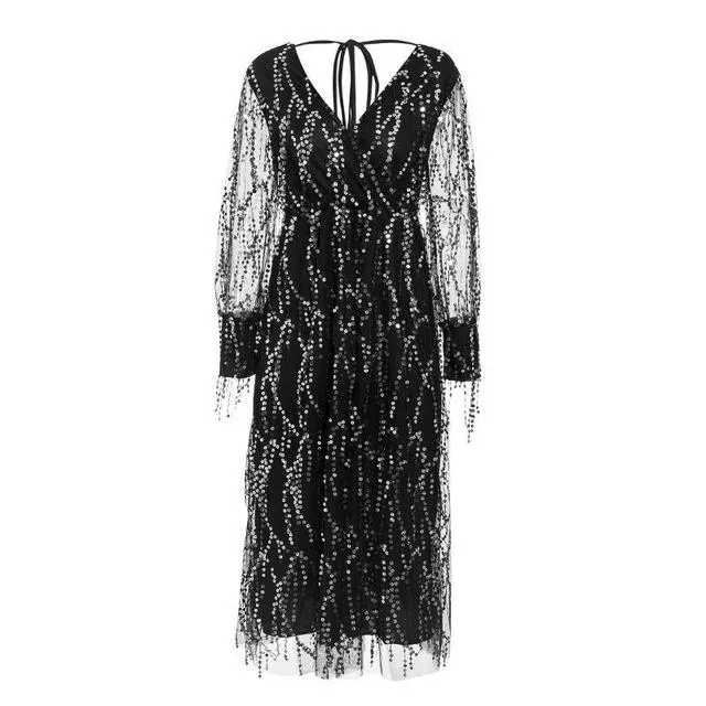 Sexy V-Neck Evening Mesh Long Sleeve Sequin Maxi Party Dress