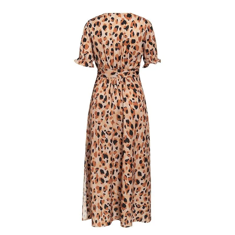 Sexy V-neck Leopard Print Short Sleeve High Waist Summer Ruffled Beach Wear Maxi Dress