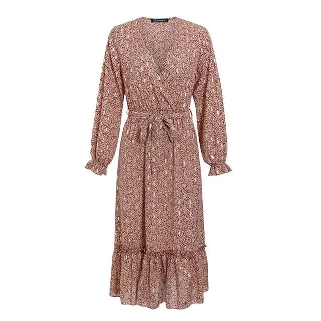 Sexy V-neck Printed Ruffled Elegant Long Sleeve Pleated Bohemian Maxi Dress