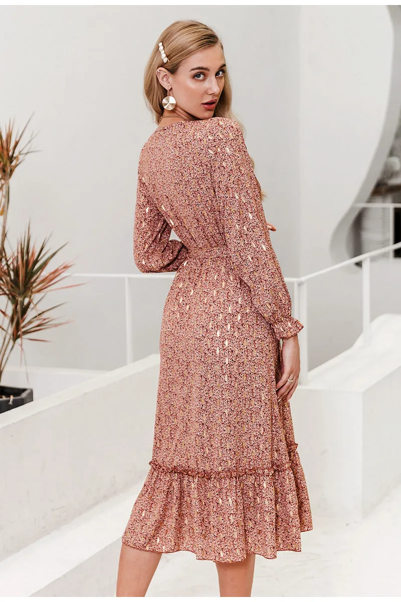 Sexy V-neck Printed Ruffled Elegant Long Sleeve Pleated Bohemian Maxi Dress