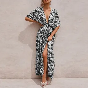 Sexy V-neck Summer Floral Print Short Sleeve Party Beach Boho Casual Holiday Loose Cotton Maxi Dress