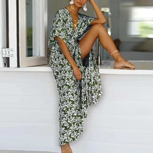 Sexy V-neck Summer Floral Print Short Sleeve Party Beach Boho Casual Holiday Loose Cotton Maxi Dress