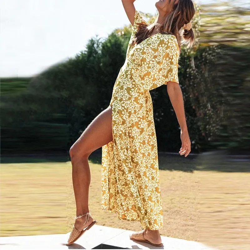 Sexy V-neck Summer Floral Print Short Sleeve Party Beach Boho Casual Holiday Loose Cotton Maxi Dress