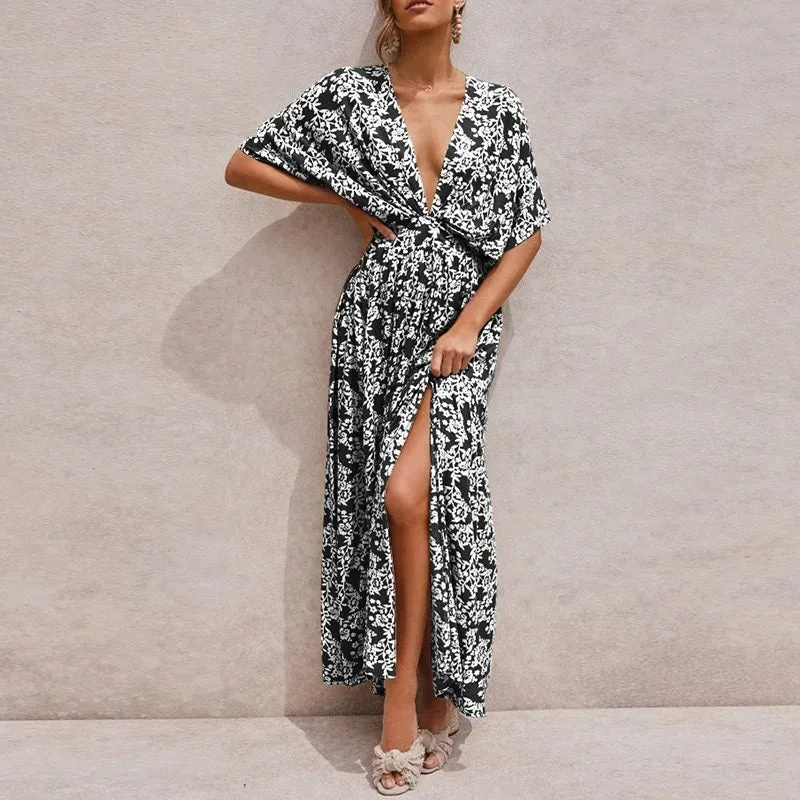 Sexy V-neck Summer Floral Print Short Sleeve Party Beach Boho Casual Holiday Loose Cotton Maxi Dress