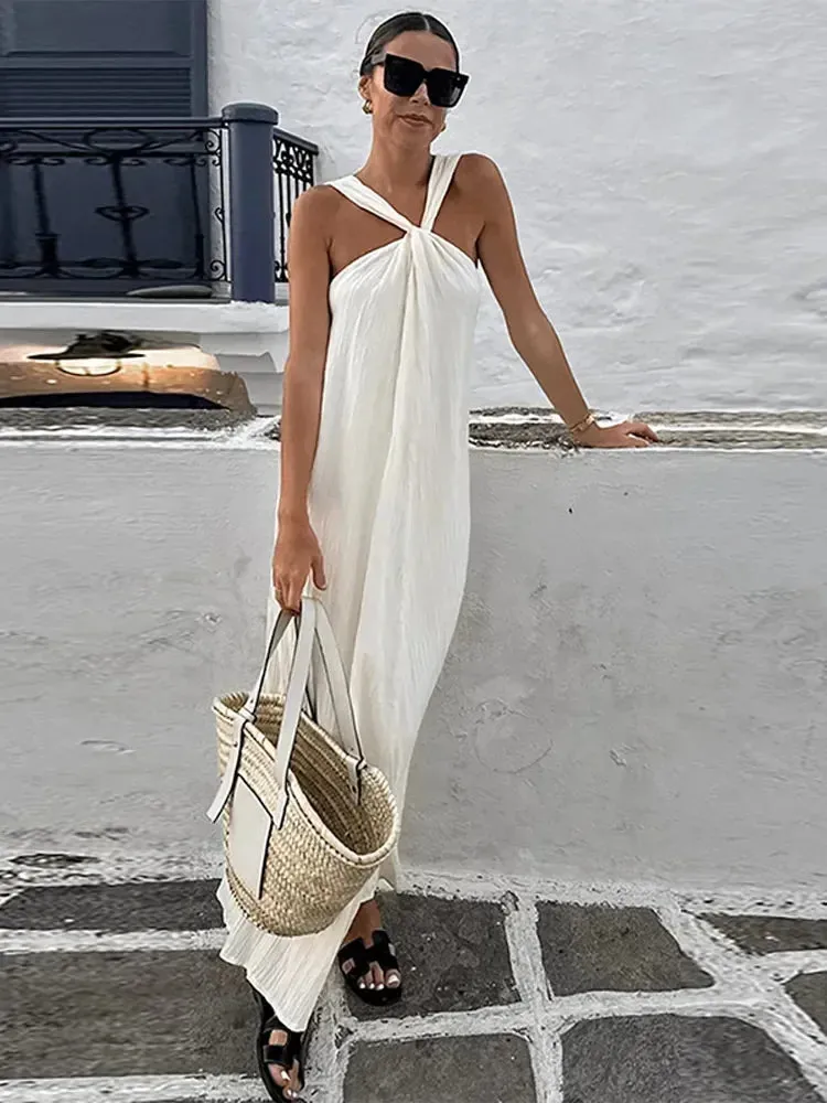 Sexy White Off Shoulder Halter Pleated Maxi Dress Fashion Sleeveless Loose Dresses Summer Ladies High Streetwear Vestidos