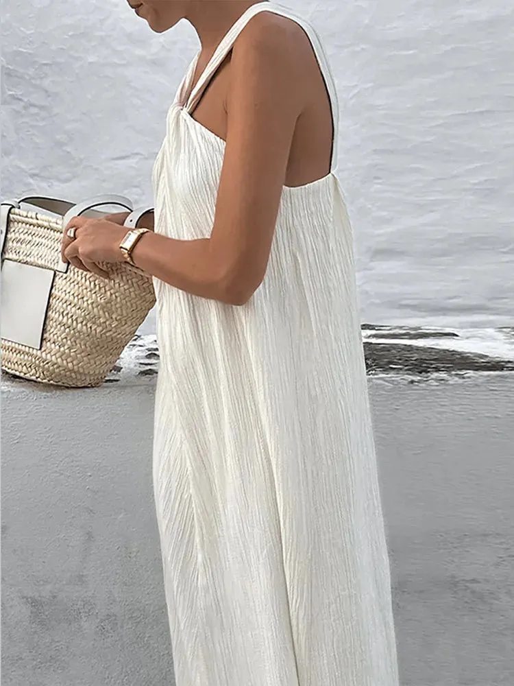 Sexy White Off Shoulder Halter Pleated Maxi Dress Fashion Sleeveless Loose Dresses Summer Ladies High Streetwear Vestidos