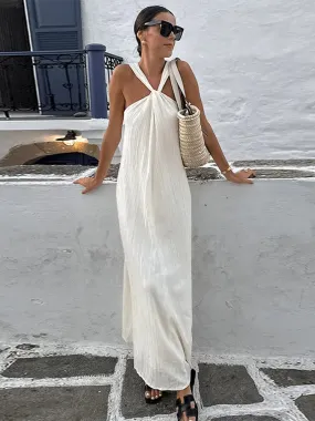 Sexy White Off Shoulder Halter Pleated Maxi Dress Fashion Sleeveless Loose Dresses Summer Ladies High Streetwear Vestidos