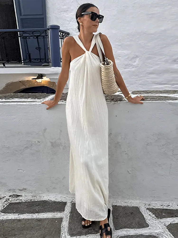 Sexy White Off Shoulder Halter Pleated Maxi Dress Fashion Sleeveless Loose Dresses Summer Ladies High Streetwear Vestidos