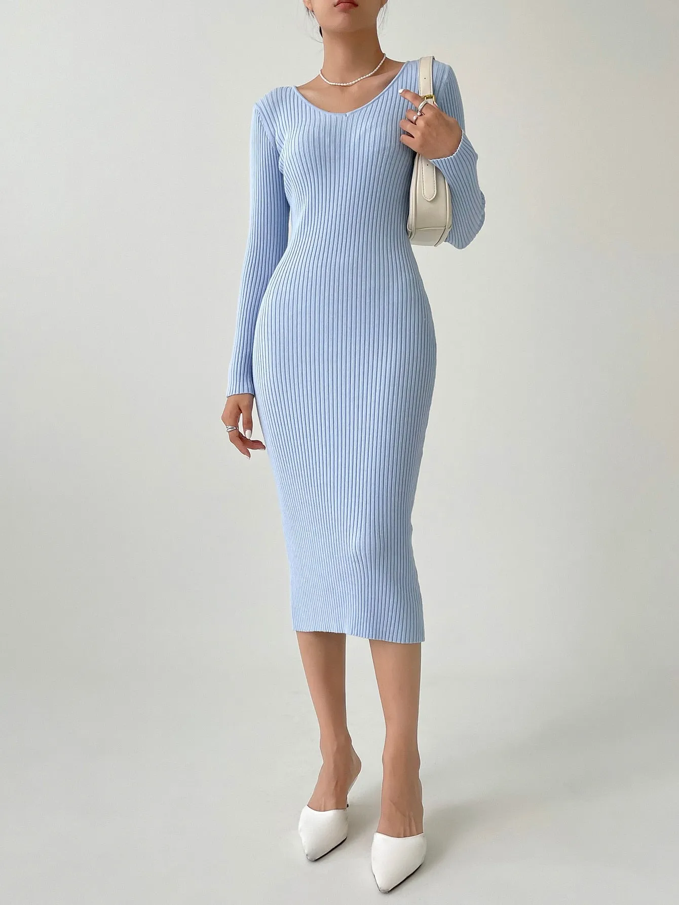 SHEIN DAZY Kpop V Neck Ribbed Knit Sweater Dress