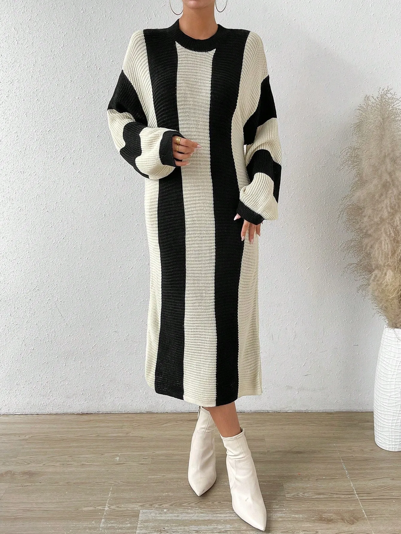 SHEIN Essnce Two Tone Drop Shoulder Sweater Dress Without Belt