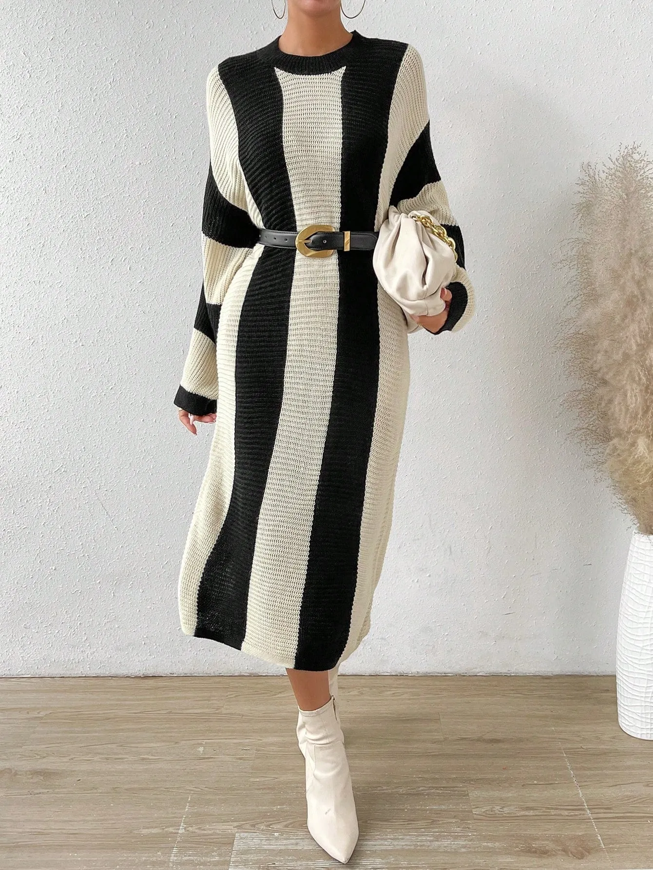 SHEIN Essnce Two Tone Drop Shoulder Sweater Dress Without Belt