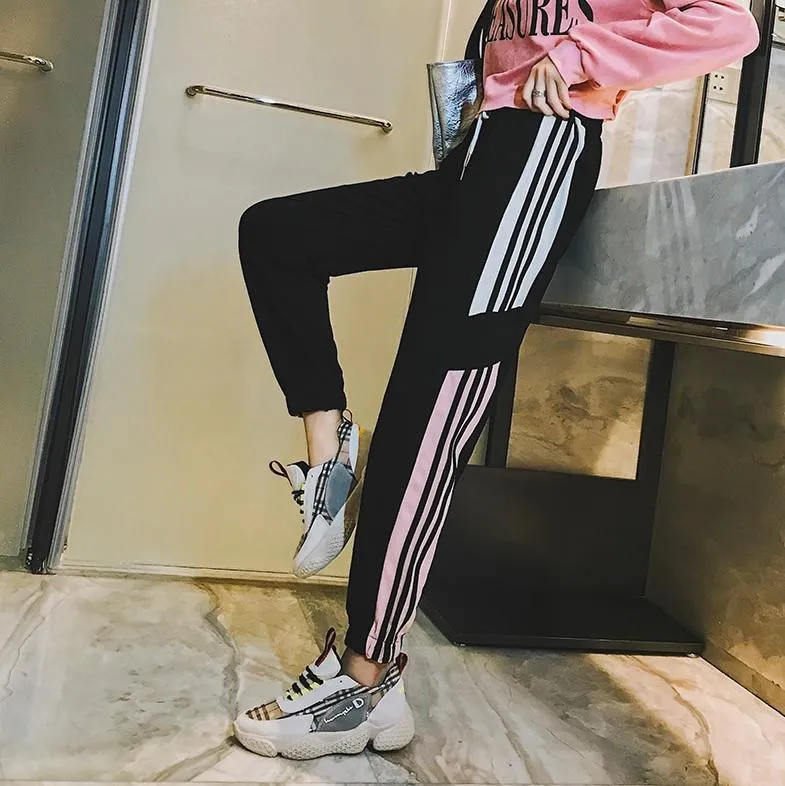 Side Lines Black White Sporty Thin Pants