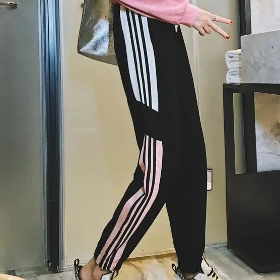 Side Lines Black White Sporty Thin Pants