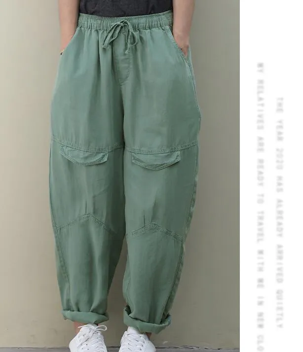 SilK Cotton Summer Loose Linen Wide Leg Women Casual Pants Elastic Waist WG05131