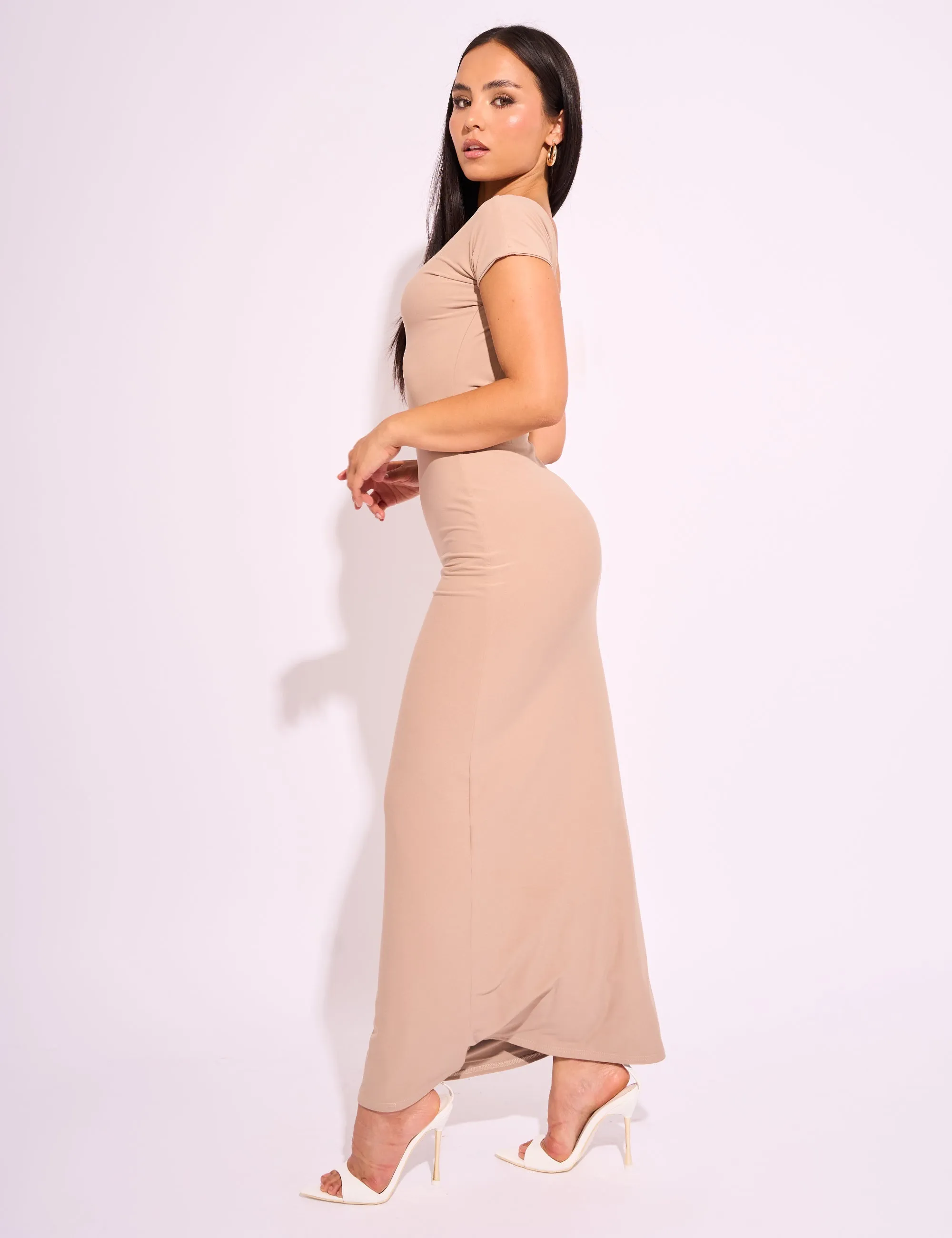 Slinky Open Back Detail Luxe Maxi Dress Stone