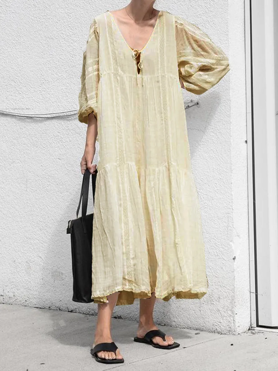 Solid Color V-Neck Fringed Dress