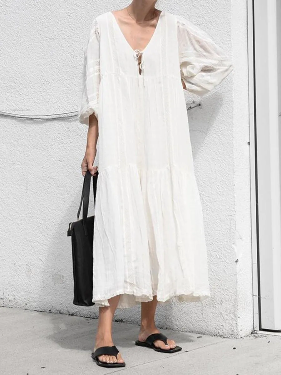 Solid Color V-Neck Fringed Dress