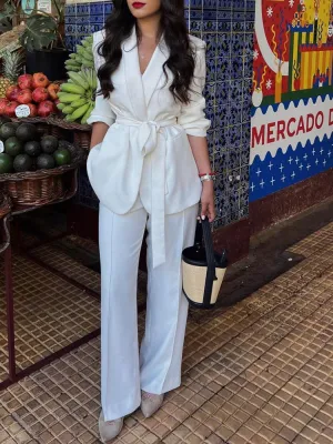 Solid White Blazer V Neck Oversized High Waist Wide Leg Pants Suit