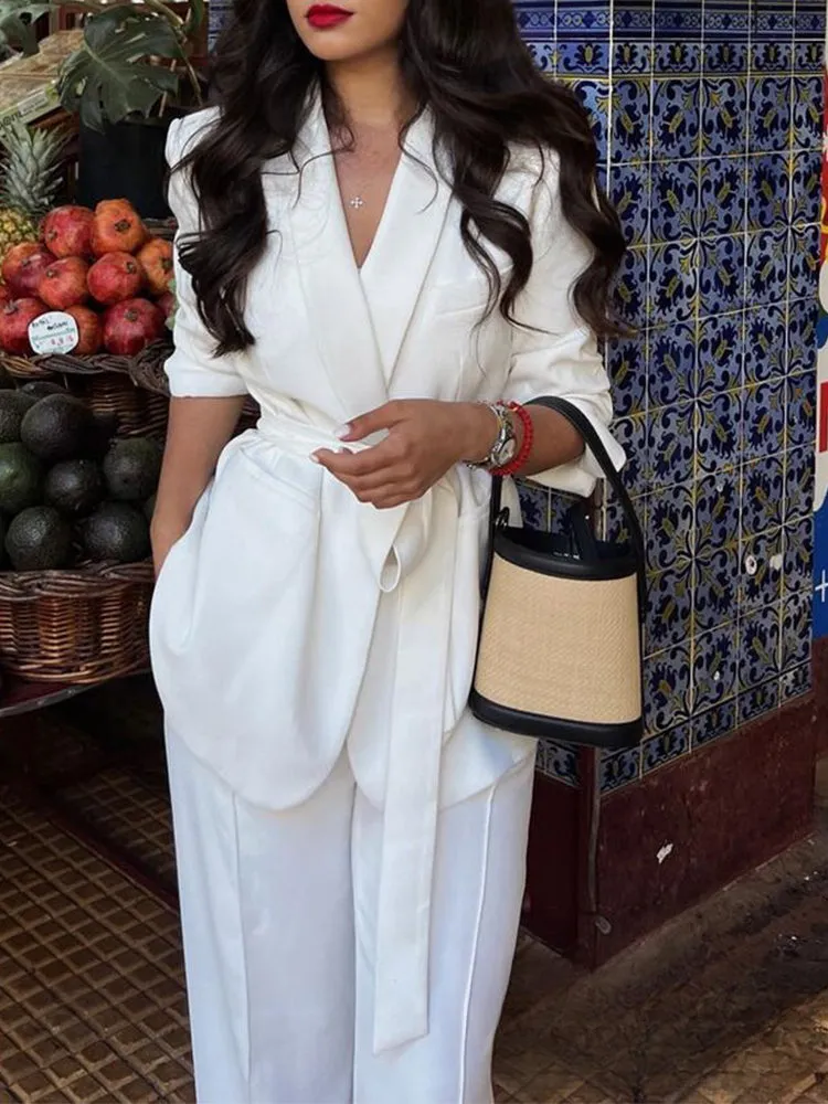 Solid White Blazer V Neck Oversized High Waist Wide Leg Pants Suit