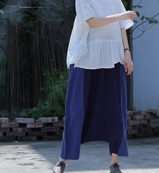 Spring Linen Wide Leg Women Casual Pants Elastic Waist WG05131