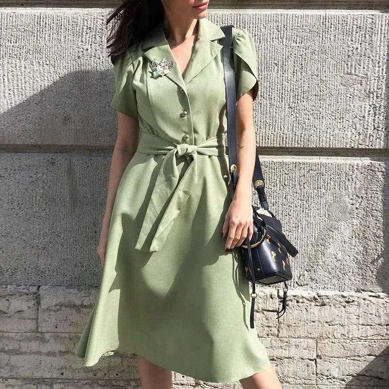 Streetwear Ruffled Solid Lapel Single Breasted Belt Short Sleeve Office Dress