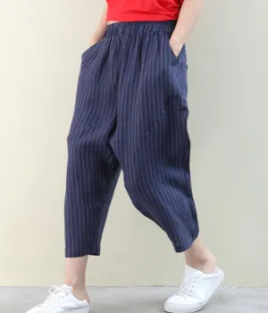 Striped Summer Loose Linen Wide Leg Women Casual Pants Elastic Waist WG05131