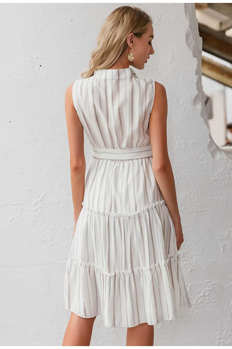 Striped Summer Sexy Sleeveless Sash Single Breasted Beach Casual Belt Ruffled Loose Maxi Dress