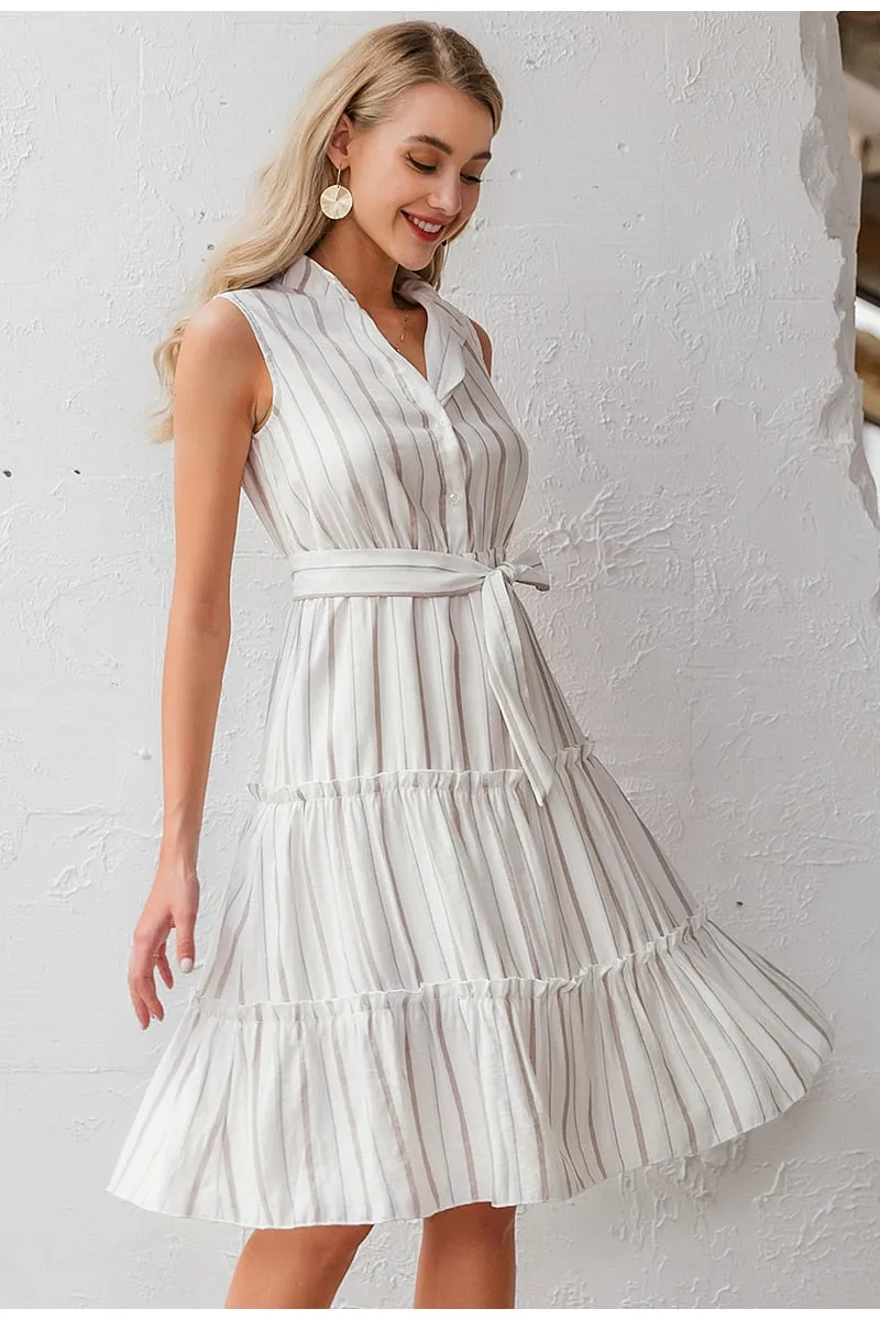 Striped Summer Sexy Sleeveless Sash Single Breasted Beach Casual Belt Ruffled Loose Maxi Dress