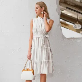 Striped Summer Sexy Sleeveless Sash Single Breasted Beach Casual Belt Ruffled Loose Maxi Dress