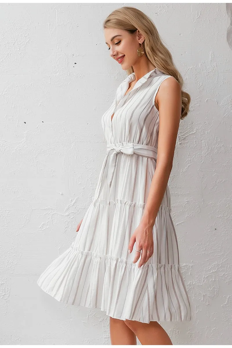 Striped Summer Sexy Sleeveless Sash Single Breasted Beach Casual Belt Ruffled Loose Maxi Dress