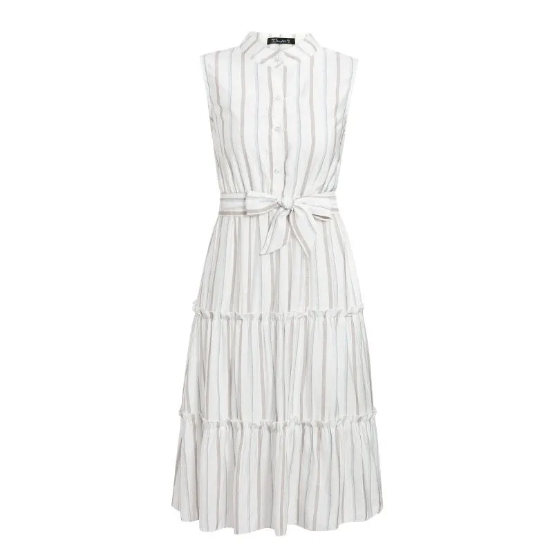 Striped Summer Sexy Sleeveless Sash Single Breasted Beach Casual Belt Ruffled Loose Maxi Dress