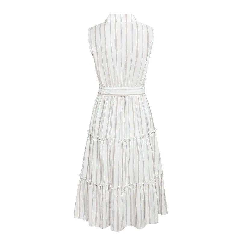 Striped Summer Sexy Sleeveless Sash Single Breasted Beach Casual Belt Ruffled Loose Maxi Dress