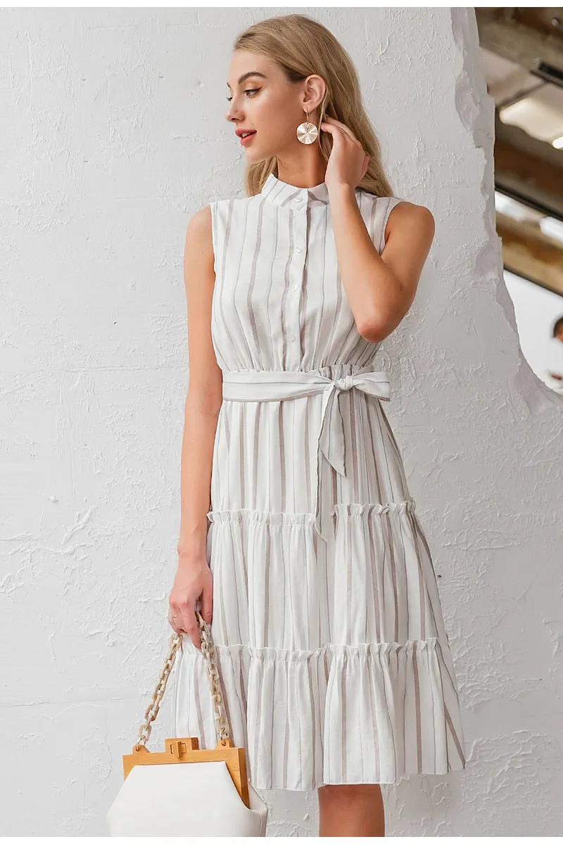 Striped Summer Sexy Sleeveless Sash Single Breasted Beach Casual Belt Ruffled Loose Maxi Dress