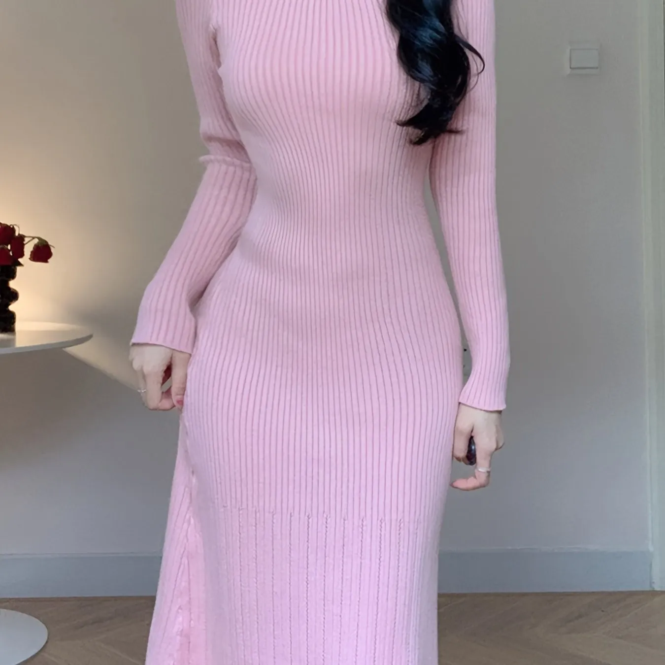 Stylish Long Sleeve Knitted Sweater Dress - Women's Elegant Square Neck Sweater Dress for Fall and Winter - Soft, Cozy, and Chic Clothing for Ladies