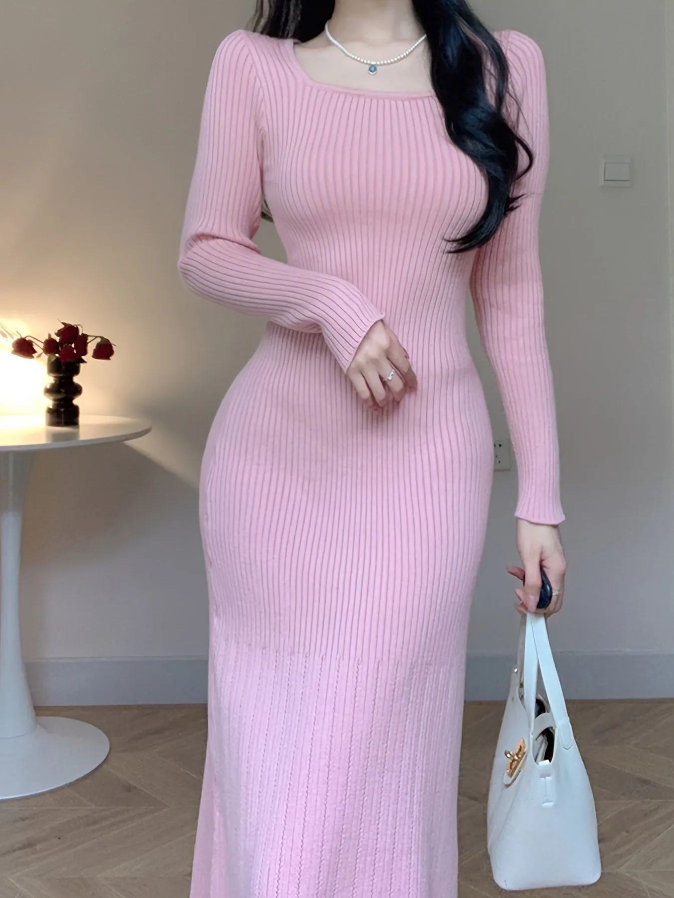 Stylish Long Sleeve Knitted Sweater Dress - Women's Elegant Square Neck Sweater Dress for Fall and Winter - Soft, Cozy, and Chic Clothing for Ladies