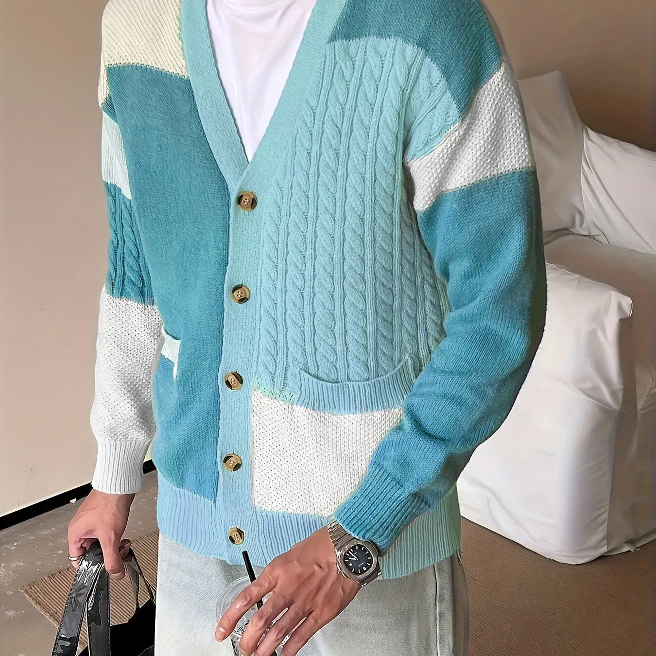 Stylish Men's Color Block Knitted Cardigan Sweater - Soft, Casual, Long Sleeve, V Neck, Button Up, Perfect for Spring and Fall Outdoor Activities, Everyday Wear, and Layering