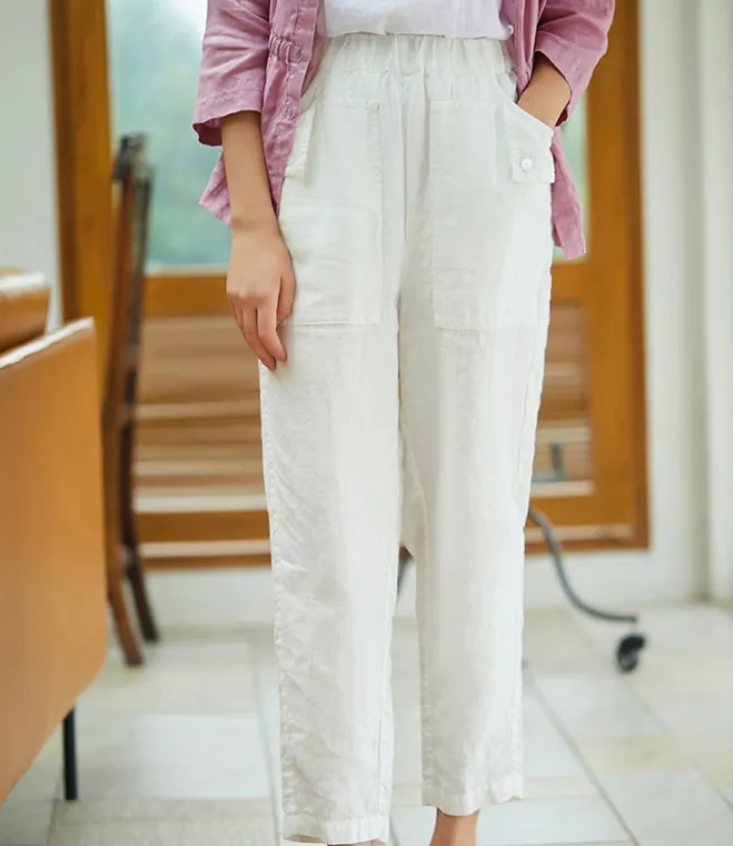 Summer Linen Wide Leg Women Casual Pants Elastic Waist WG05131